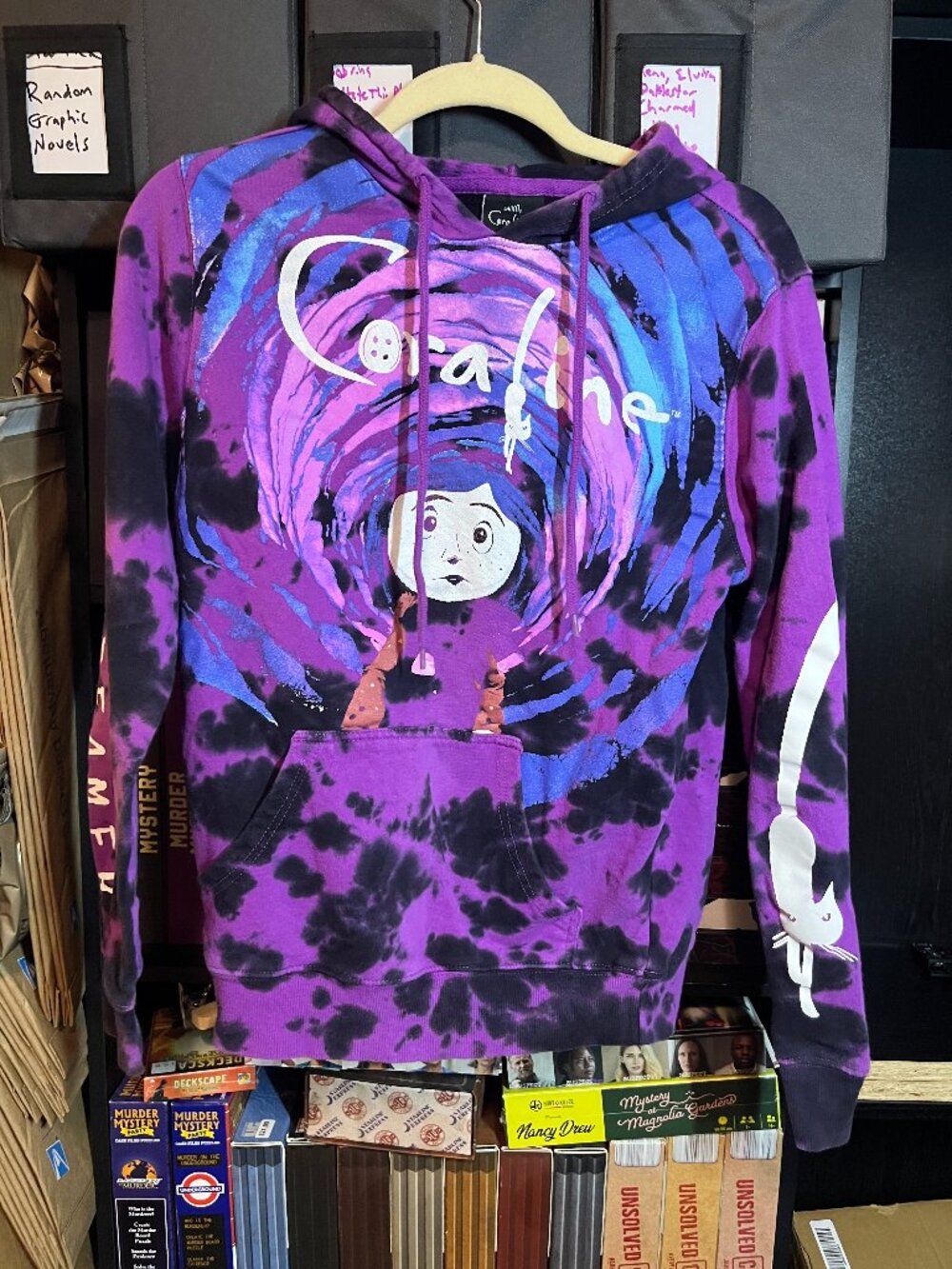 Coraline Tie-Dye Hoodie | Size Small | Purple & Black Graphic Pullover | Laika